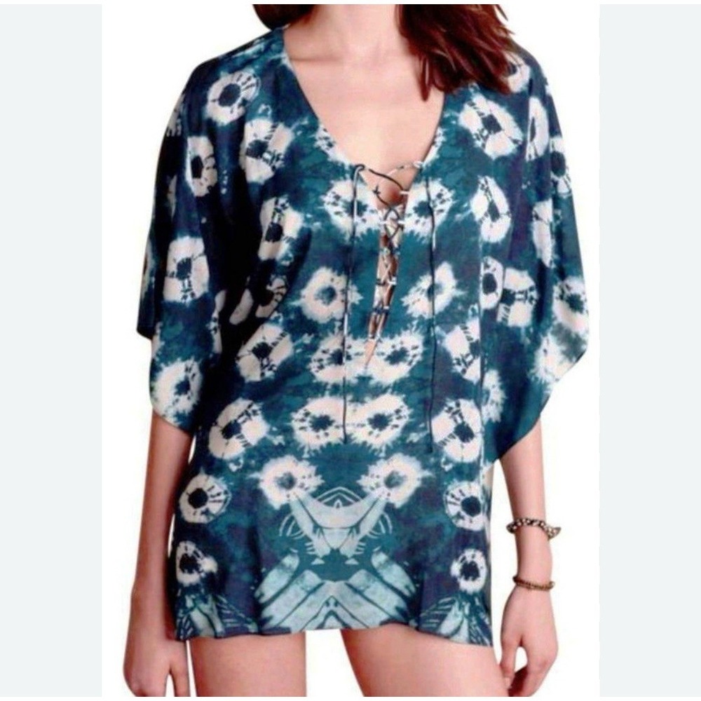 $98 Anthropologie Tie Dye Caftan Large 10 Blue Soft Modal Swim Cover Up Poncho